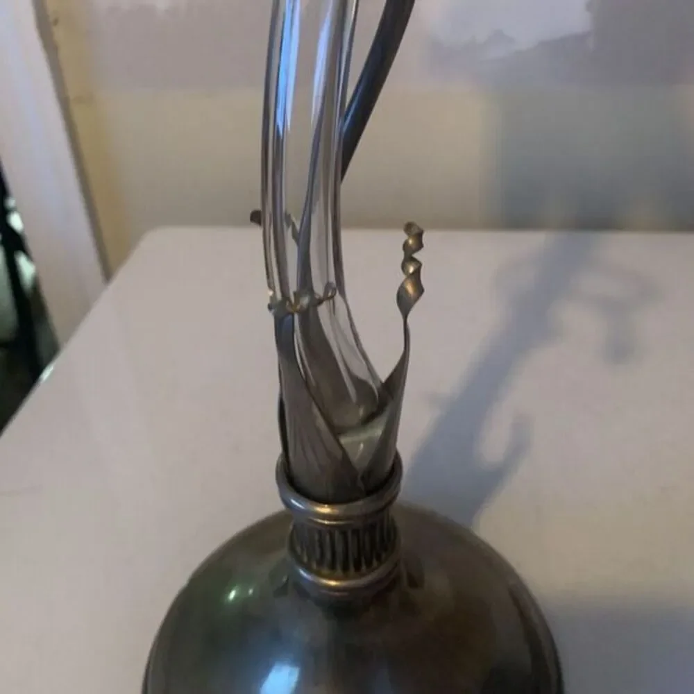 Vintage Blown Glass Lily Vase Art In Silver Tone Base Mid century‎